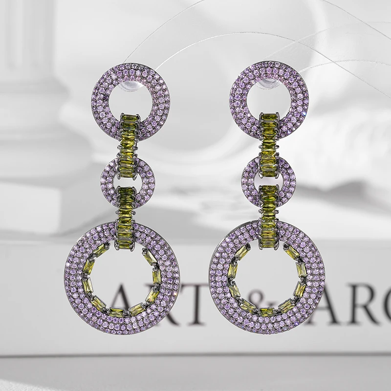 

Luxury Long Circle Dangle Earring for Wedding Cubic Zirconia Fine Jewelry Shiny Round Lock Fashion Bride Drop Earring