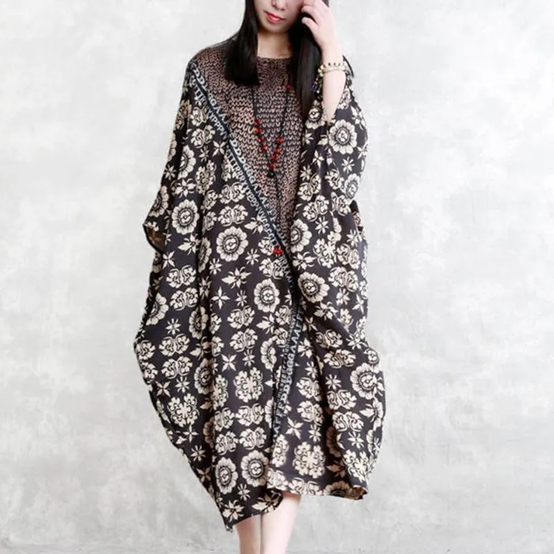 2023 Spring Summer New Arts Style Women Batwing Sleeve Loose Long Dresses Vintage Printing O-neck Casual Holiday Dress P560