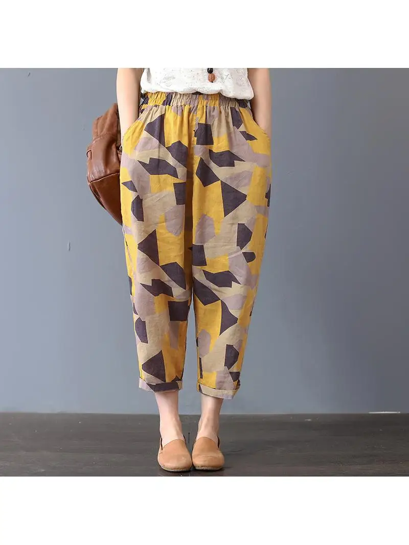Cotton Linen Loose Straight Leg Pants Women's Summer Thin Nine Points Harem Pants High Waist Vintage Style plus Size