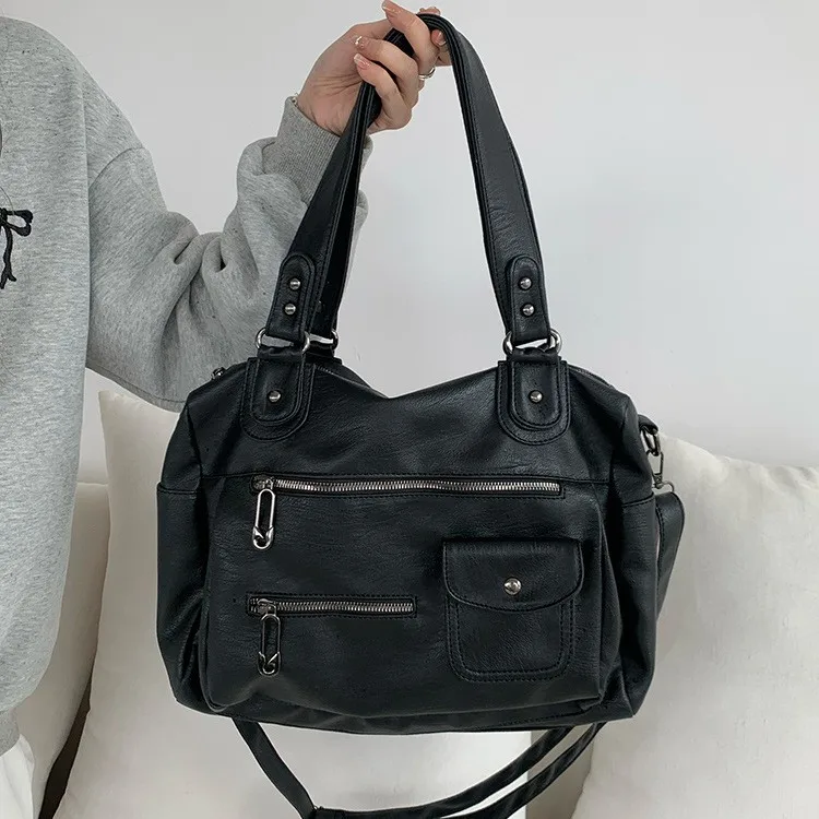 Vintage Multi Zipper Motorcycle Bag Travel Tote Large Capacity Handbag Shoulder Crossbody Bag