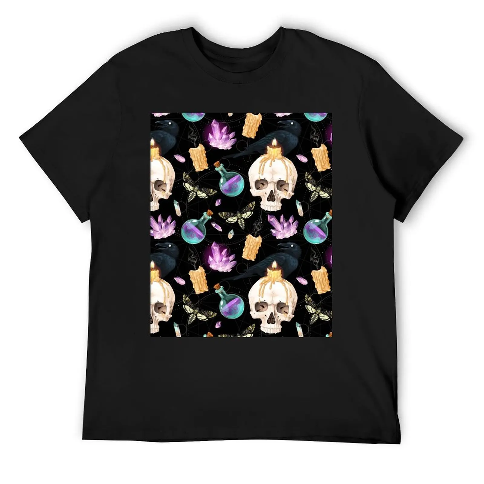 Crânios góticos vela cristais corvos traças preto estampado camiseta suor topos gráfico camiseta bonito topos dos homens camisetas simples