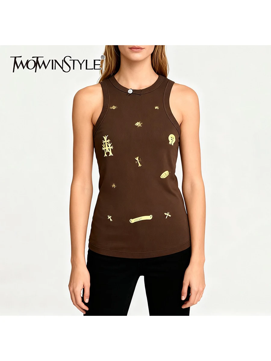 

TWOTWINSTYLE Fashion Slimming Spliced Sequined Casual Vests for Women Round Neck Sleeveless High Street Vest Female Clothing New