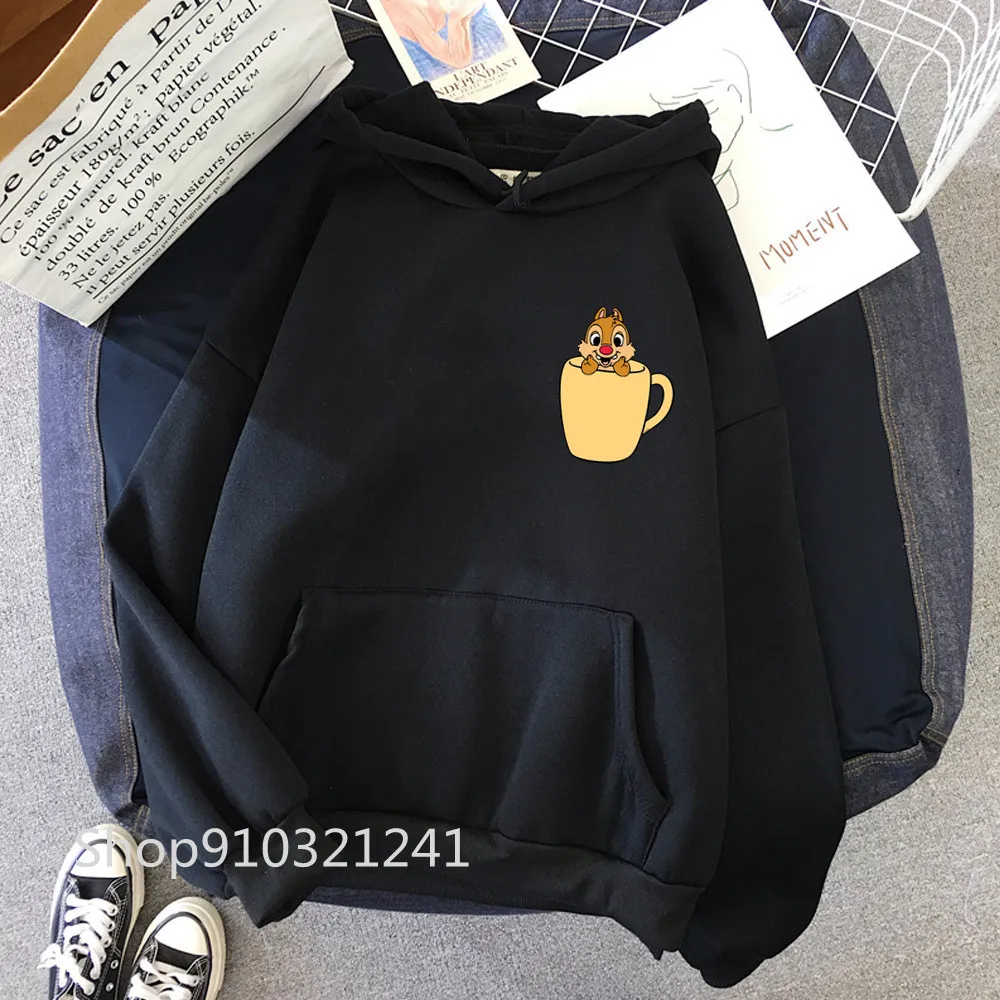 Sudadera con capucha de Chip y Dale para mujer, jersey con estampado de ardilla y dibujos animados, ropa Unisex, color negro