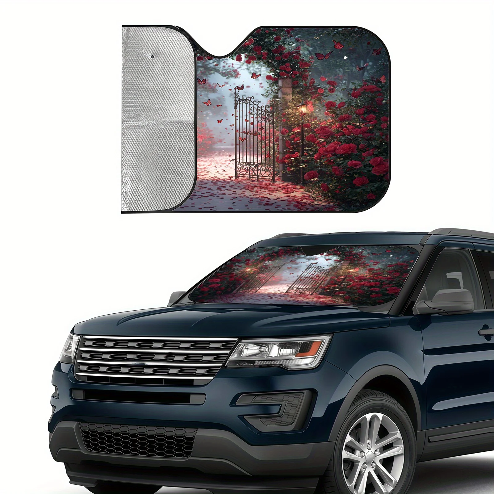 Rose Garden Arch Car Sunshade, Romantic Scene Design, Heat Insulating And Light Blocking, Includes 4 Suction Cups To Maintain A