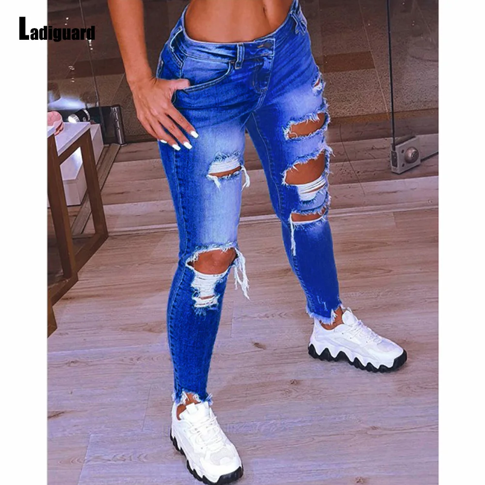 Large Big 5XL Women Sexy Hole Ripped Jeans Demin Pants 2023 Spring Femme Mid Cut Jean Bottom Womens Elastic Waist Denim Trousers