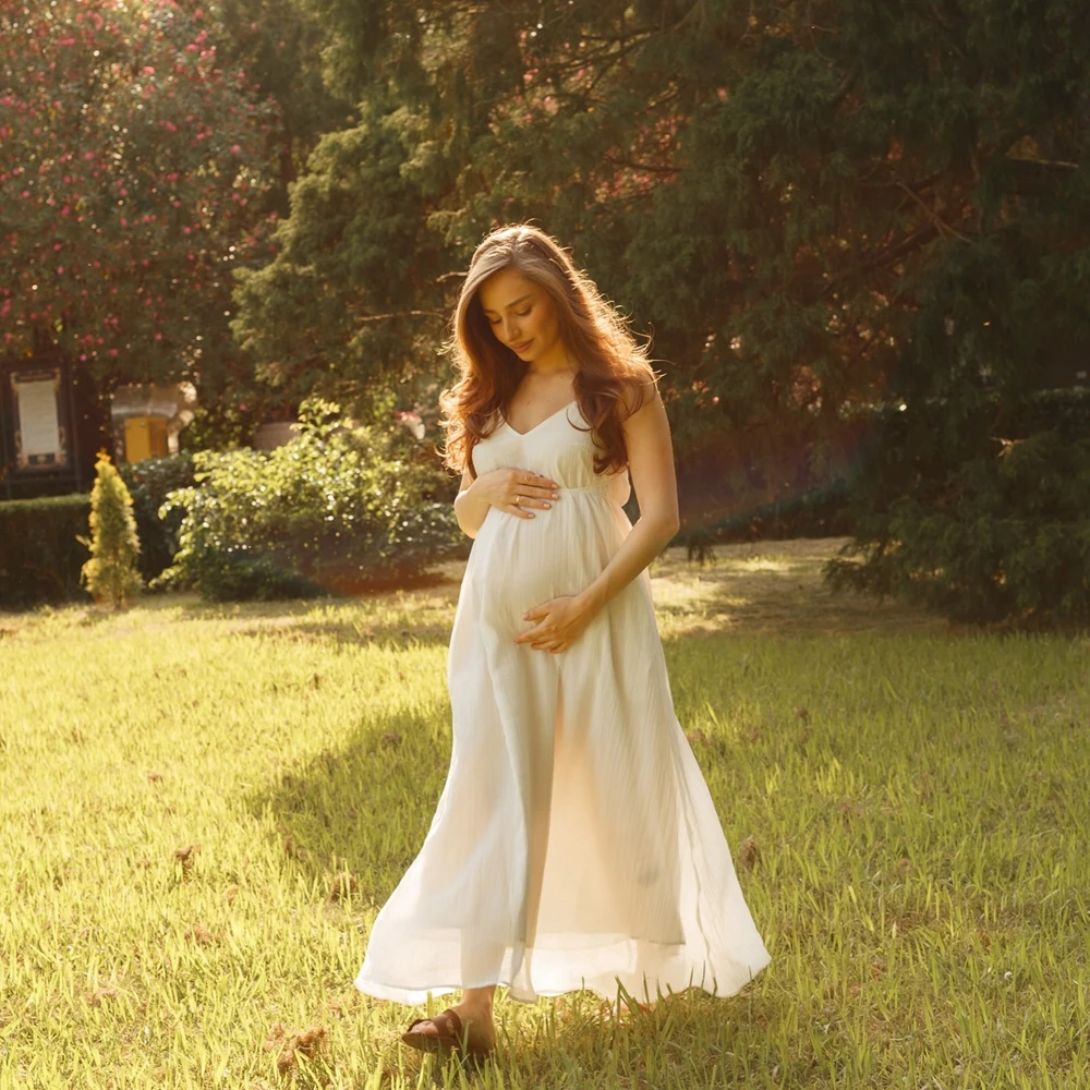 Maternity Photography Dress Strap V-Neck Flowing Gown Pregnant Women Photoshoot Clothes Outdoor Pregnancy Studio Prop