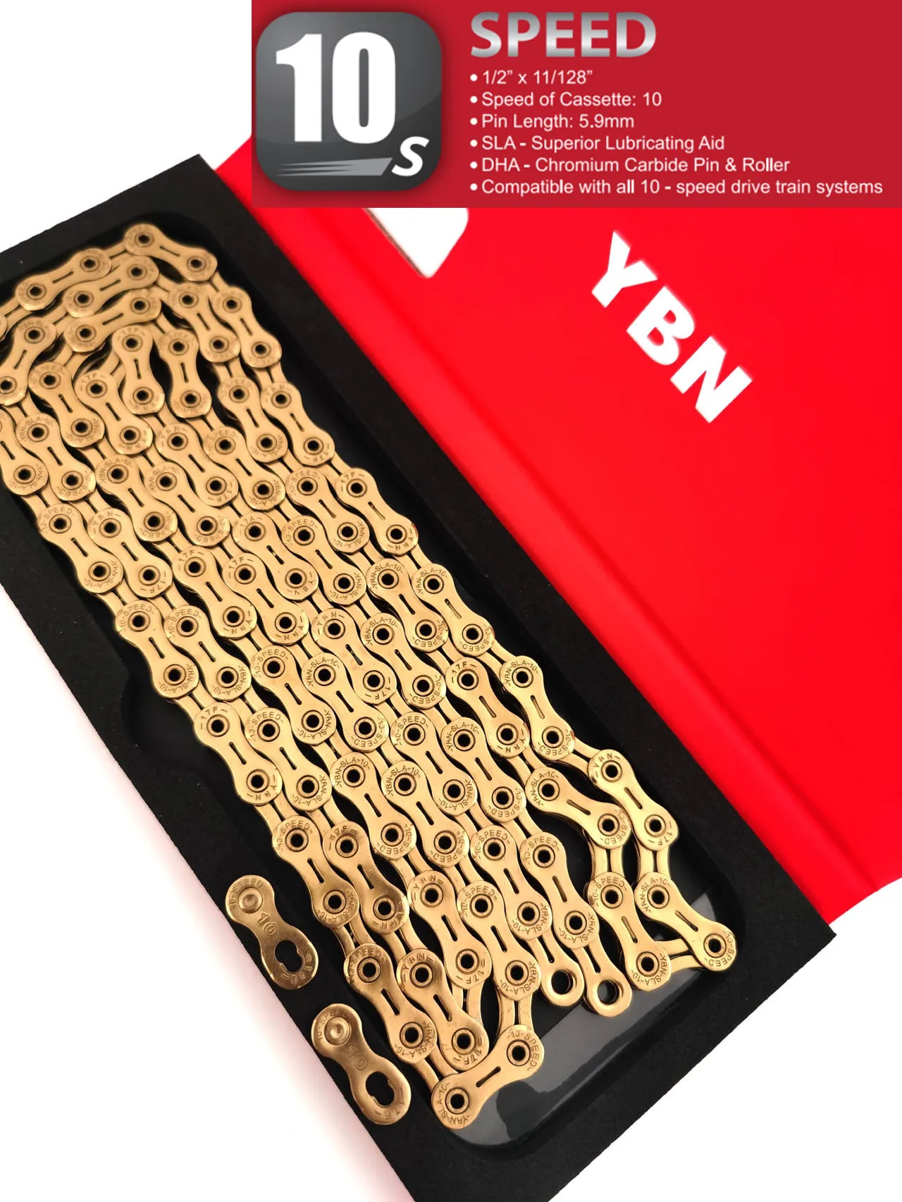 YBN SLA101 Bike Chains MTB Mountain Road Bike Chains 10 Speed Full Hollow Bicycle Chain 116 Links Color Silver Black Gold