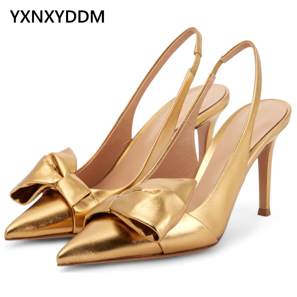 

2023 New Women's Pointed Toe Gold Pumps Stilettos Party Bow High Heels Ladies Large Size Elegant Slingbacks 8.5-9.5cm Dress Shoe