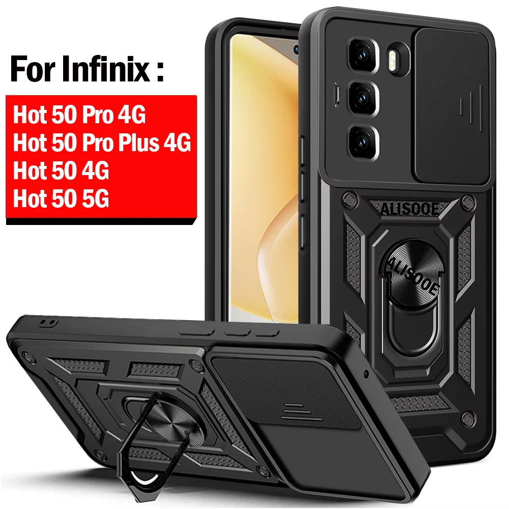 Armor Funda for Infinix Hot 50 Pro 4G Case Slide Camera Protect Ring Stand Cover for for Infinix Hot 50 5G 50Pro Plus 4G Capa