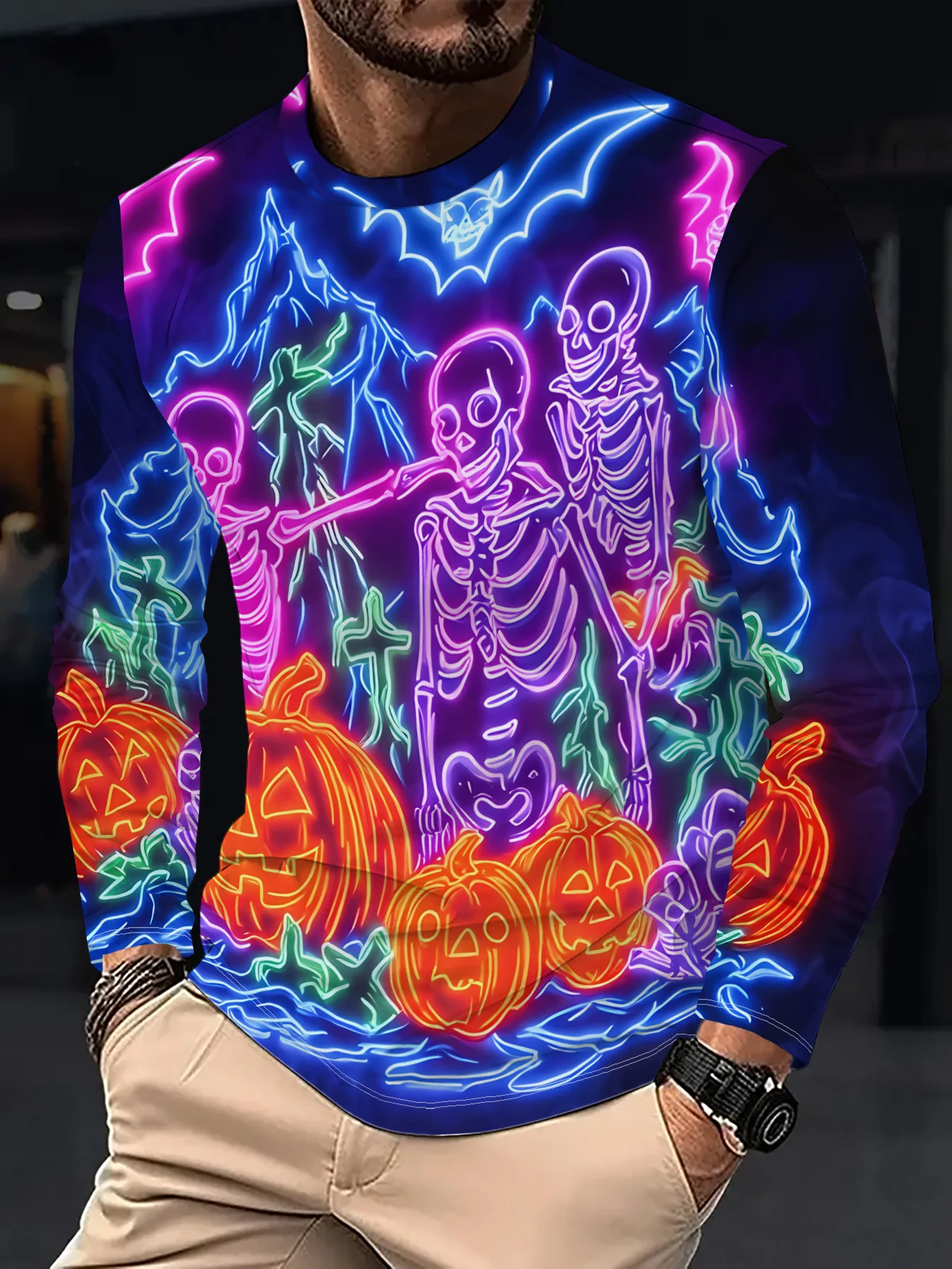 Men Long Sleeve T‑Shirt Neon Skeleton Pumpkin Bat Print Crew Neck Halloween Festival Street Casual Tops