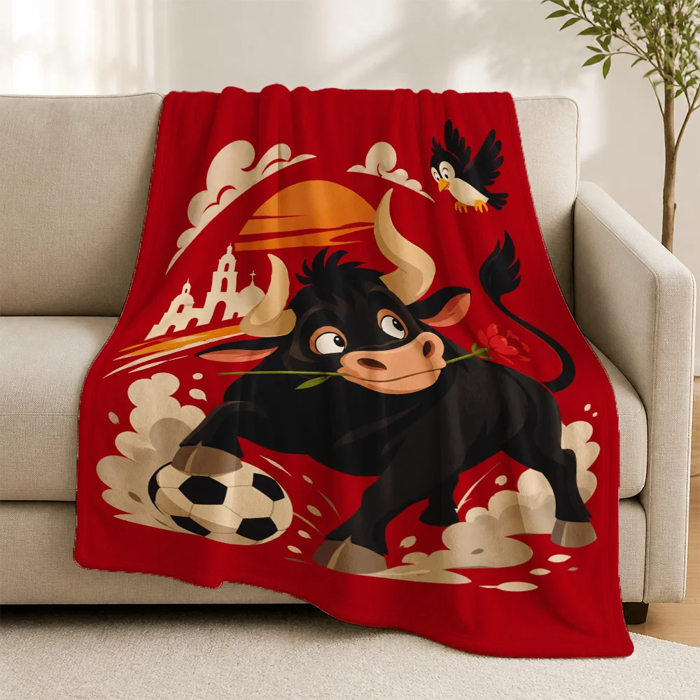 Cute Bull Soccer Ball Throw Blanket Decorative Sports Fleece Throw Sofa Bed Cover for Living Room Home Decor Gift Idea