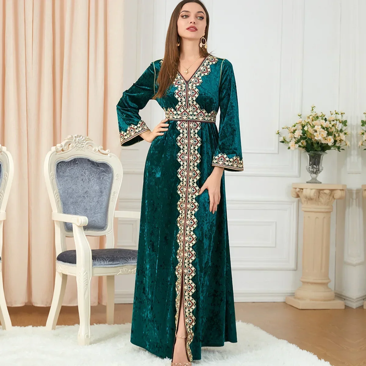 Abayas musulmanes pour femmes, robe indienne de Dubaï, robe musulmane en velours côtelé, robe brodée, robe fendue à manches longues, mode de luxe