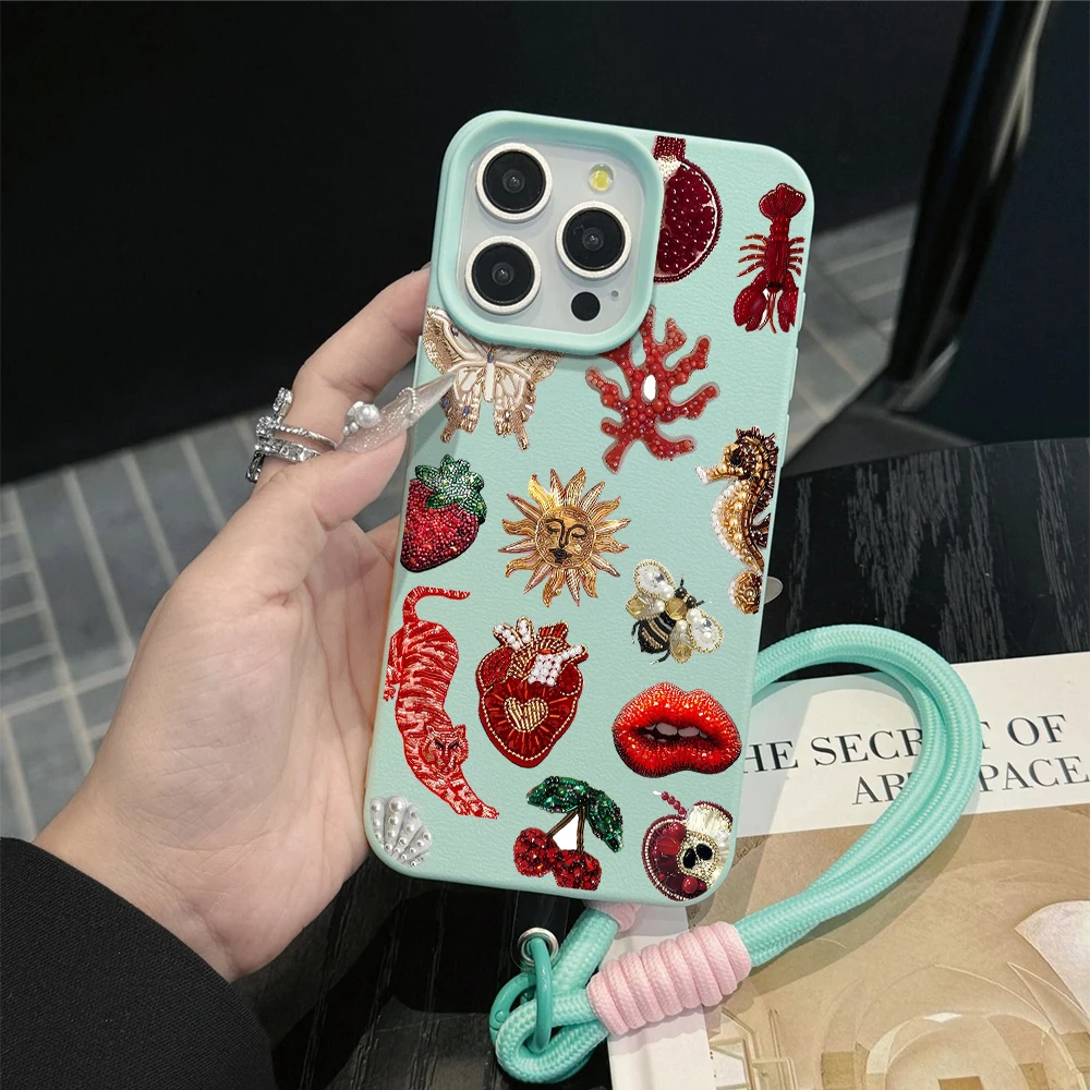 Luxuriöse Collage-Handschlaufenhülle für iPhone 13 14 Pro Max Hüllen iPhone 11 12 17 ProMax 13 15 Plus XR mit Lanyard Weiche Abdeckung – Detail 5