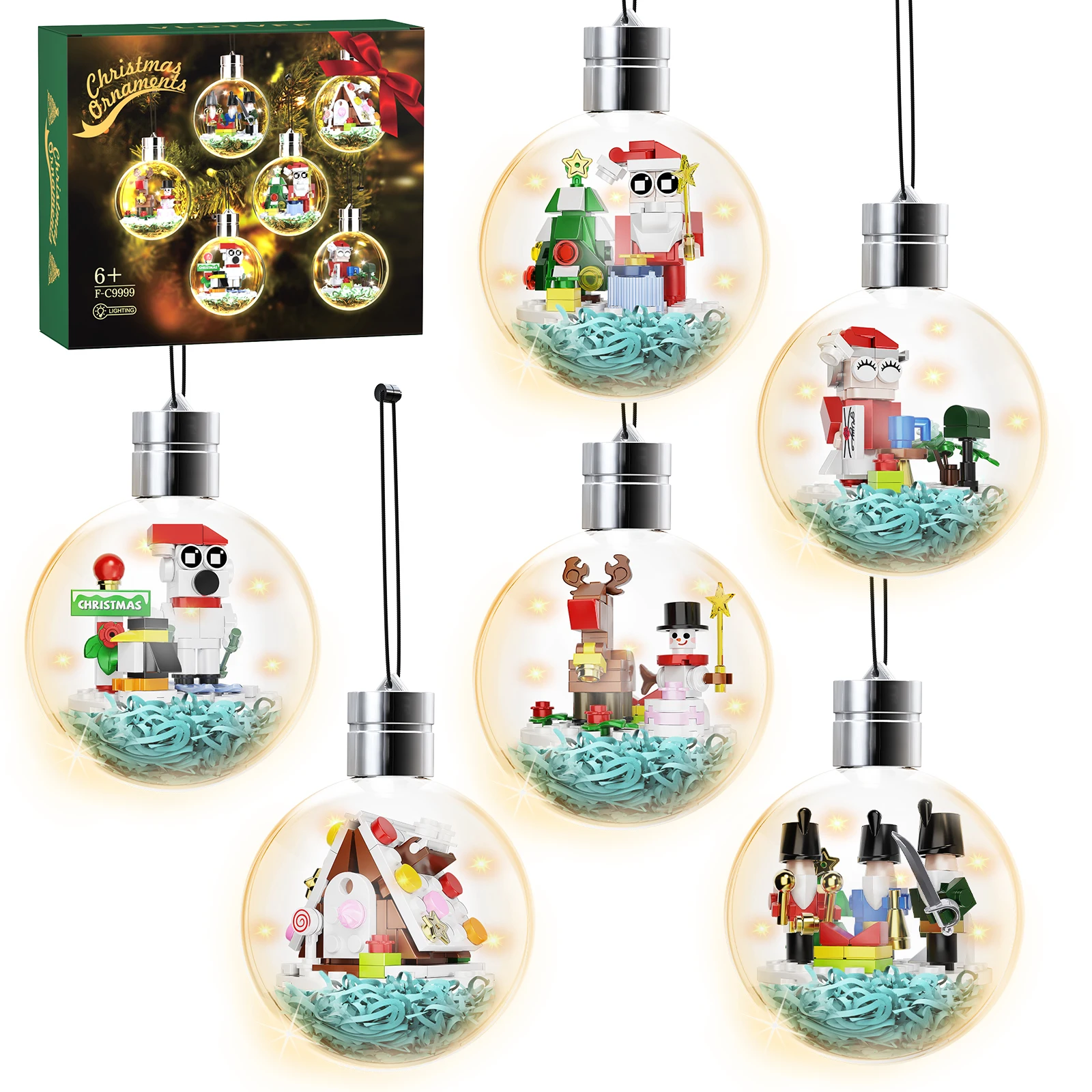 

Christmas Ornaments Building Blocks Set Ornament for Christmas Tree with Light,Gingerbread Houses, Santa, Reindeer, Polar Bears