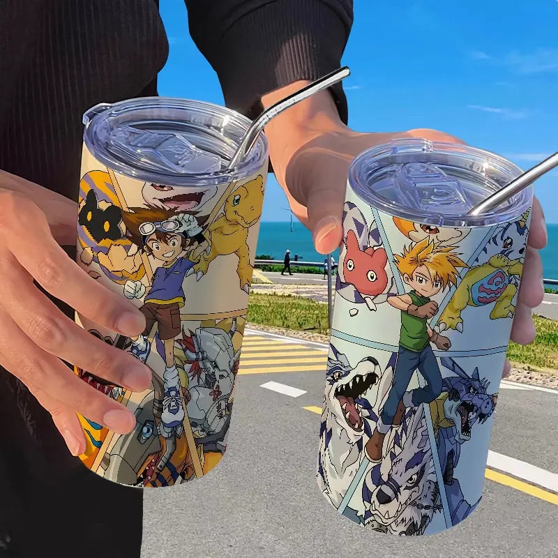 Digimon Adventure Animation Peripheral Cartoon Straw Stainless Steel Coffee Cup Portable Men and Women High-value Water Cup