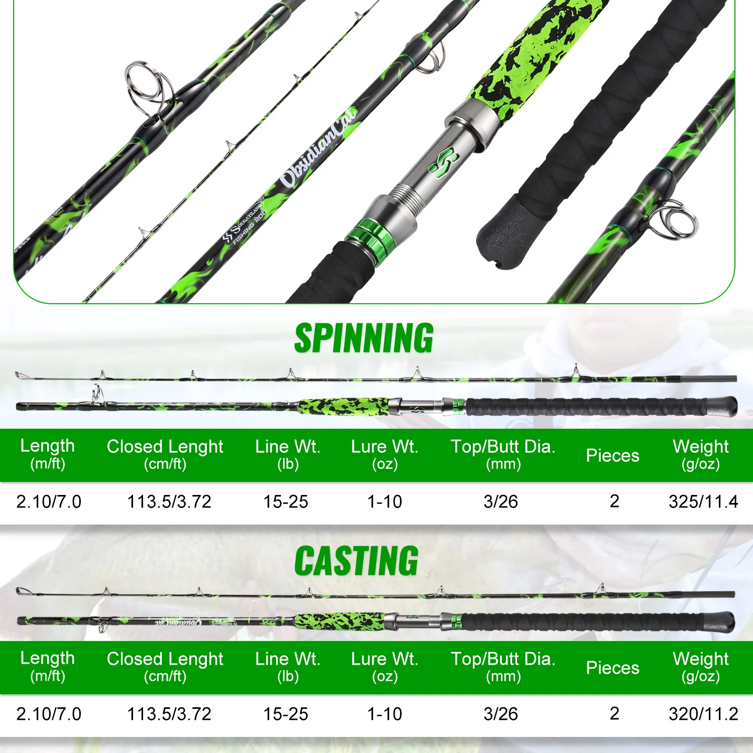 Sougayilang 2.1m/7ft MH Catfish Rod High Carbon Spinning/Casting Fishing Rod Solid Tip Big Game EVA Handle Stainless Steel Guide