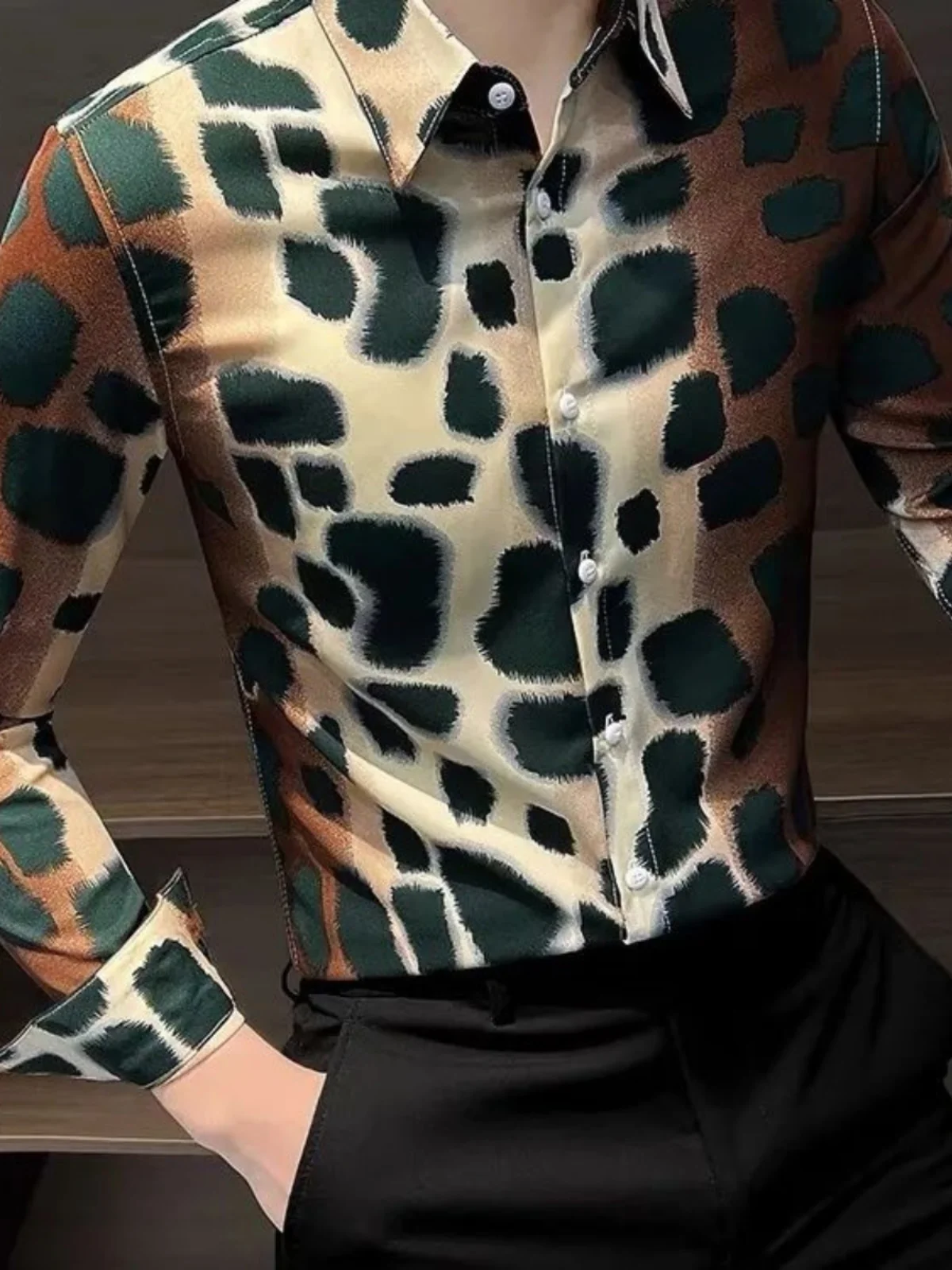 Men's Long Sleeve Shirt Leopard Print Slim Fit Autumn High End Fashion Stylist Brand Standard Edition Point Collar Business S...