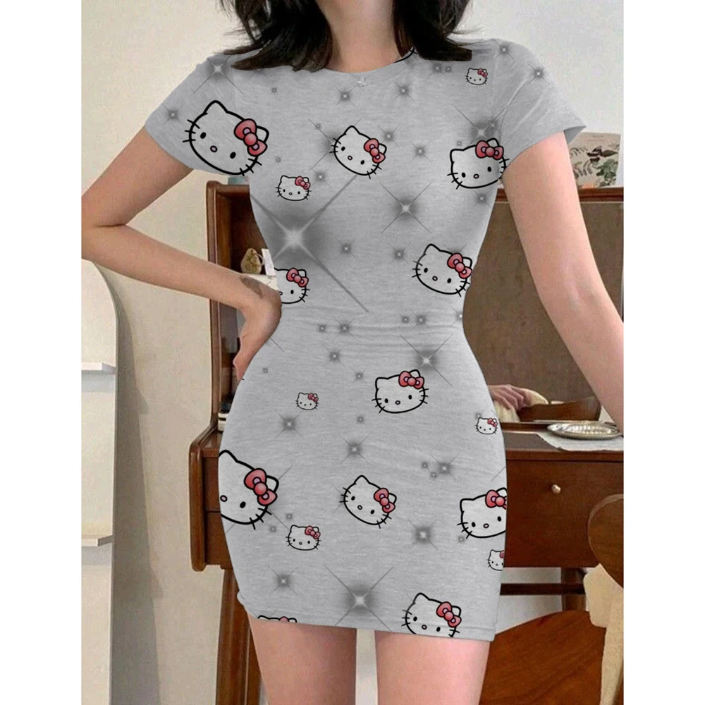 

Летнее сексуальное обтягивающее платье Hello Kitty с круглым вырезом, плиссированной подошвой и облегающим ягодицами, женское облегающее платье