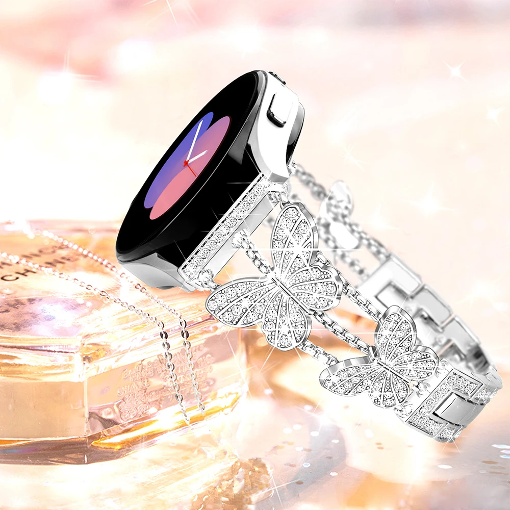 22mm Butterfly Watch Strap For Samsung Galaxy Watch 3 45mm 46mm Gear S3 Stainless Steel Watchband Fashion Rhinestone Bling Band