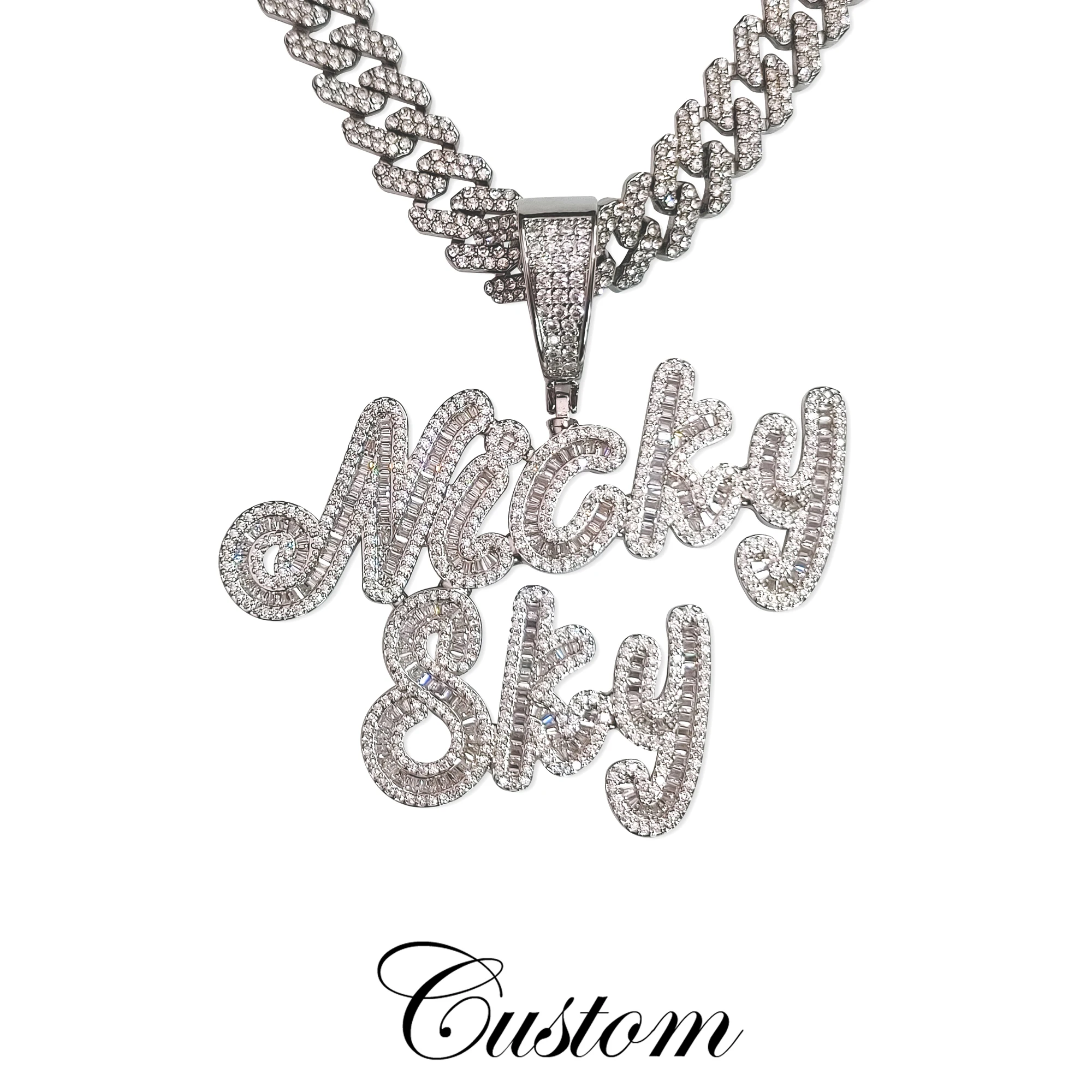 Icy Baguettes Letters Pendant Cuban Chain with Nameplate Custom Stacked Words Necklace Personalised Name Jewelry Gifts for Her