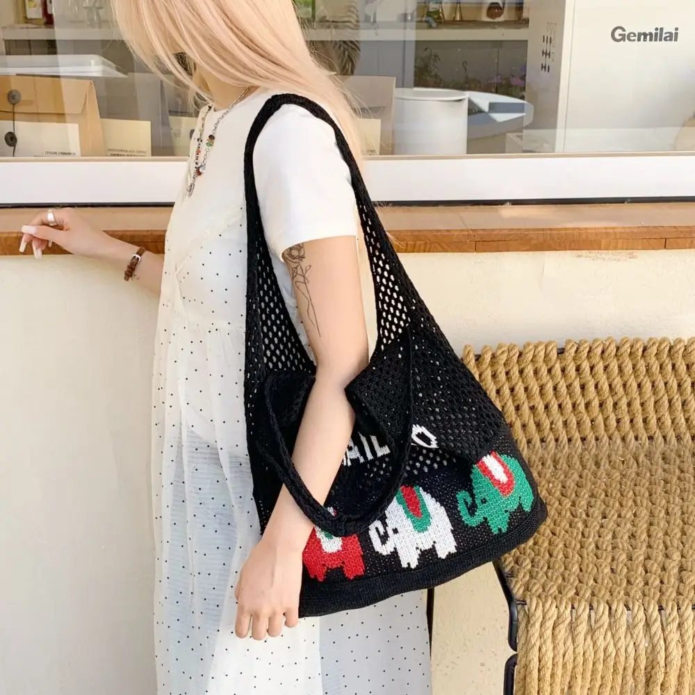 

Summer Cotten Crochet Shoulder Bag Thailand Large Capacity Knitted Tote Bag Handbag Elephant Hollow Out Weave Bag Shopping Bag