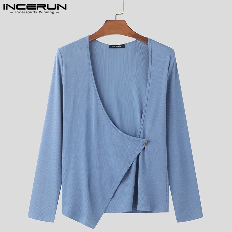 Fashion Sexy Style Tops INCERUN New Men's Deconstructive Texture T-shirts Streetwear Male Solid Long Sleeved Camiseta S-5XL 2024 image 5