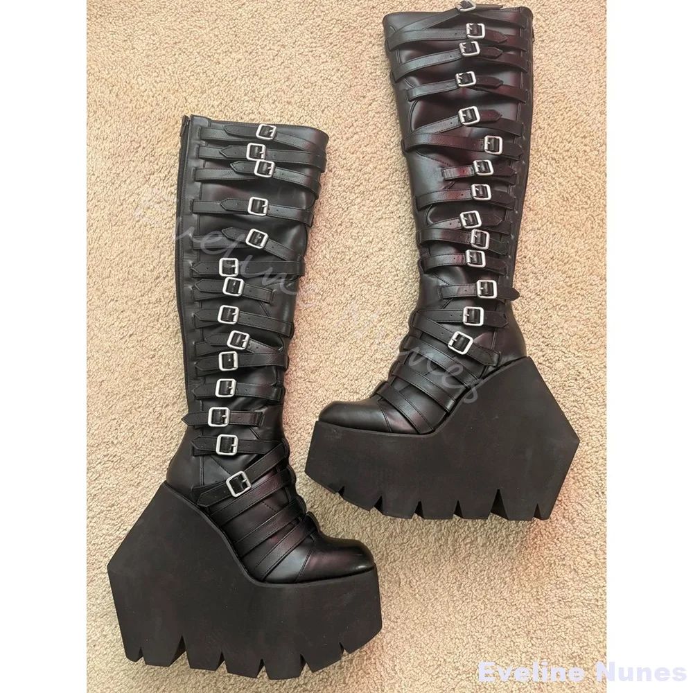 

Belt Buckle Platform Motorcycle Boots Women Round Toe Wedges Black Leather Back Zipper Knee High Boots 2026 Punk Hotties Boots