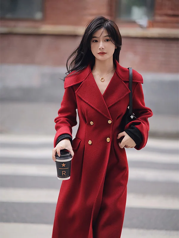 

Red Woolen Coat for Wedding Toasts And Engagement Fem Winter New Sle Luy Year Formal Wear Long Sve Double Breasted ...
