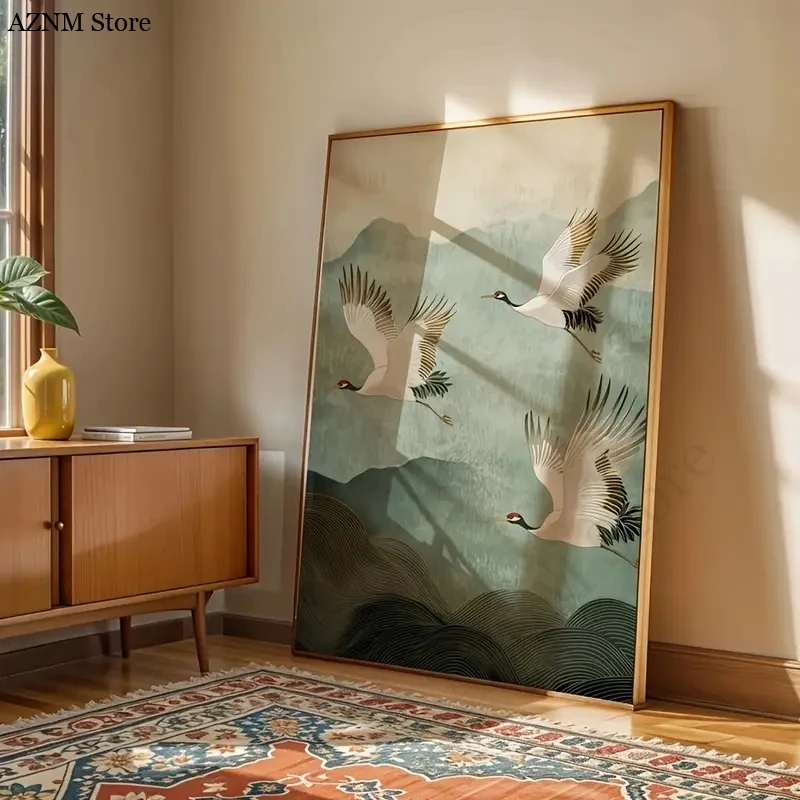 Weißer fliegender Kranich, der über den Bergen fliegt, Leinwandposter, japanische Landschaft, Wandkunstdrucke für moderne Wohnzimmer- und Heimdekoration
