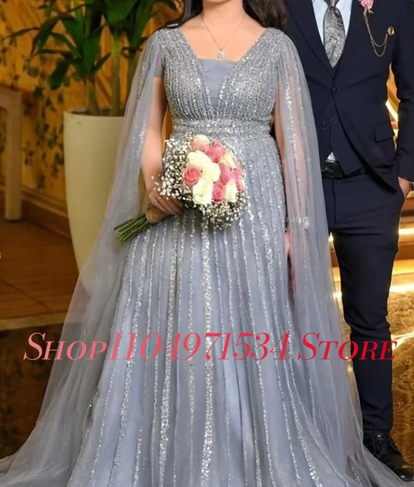 Customized High Quality Tulle A-Line Sequined Evening Dress Elegant Long Sleeves Square Neck Floor Length Special Occasion Gowns