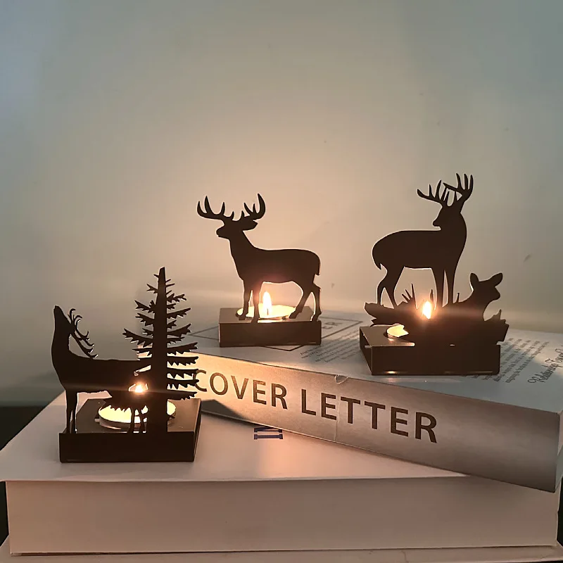 Christmas Funny Shadow Metal Stand for Candle Model Reindeer Tree Milu Deer Xmas Home Party Decoration Toy Gift for Family