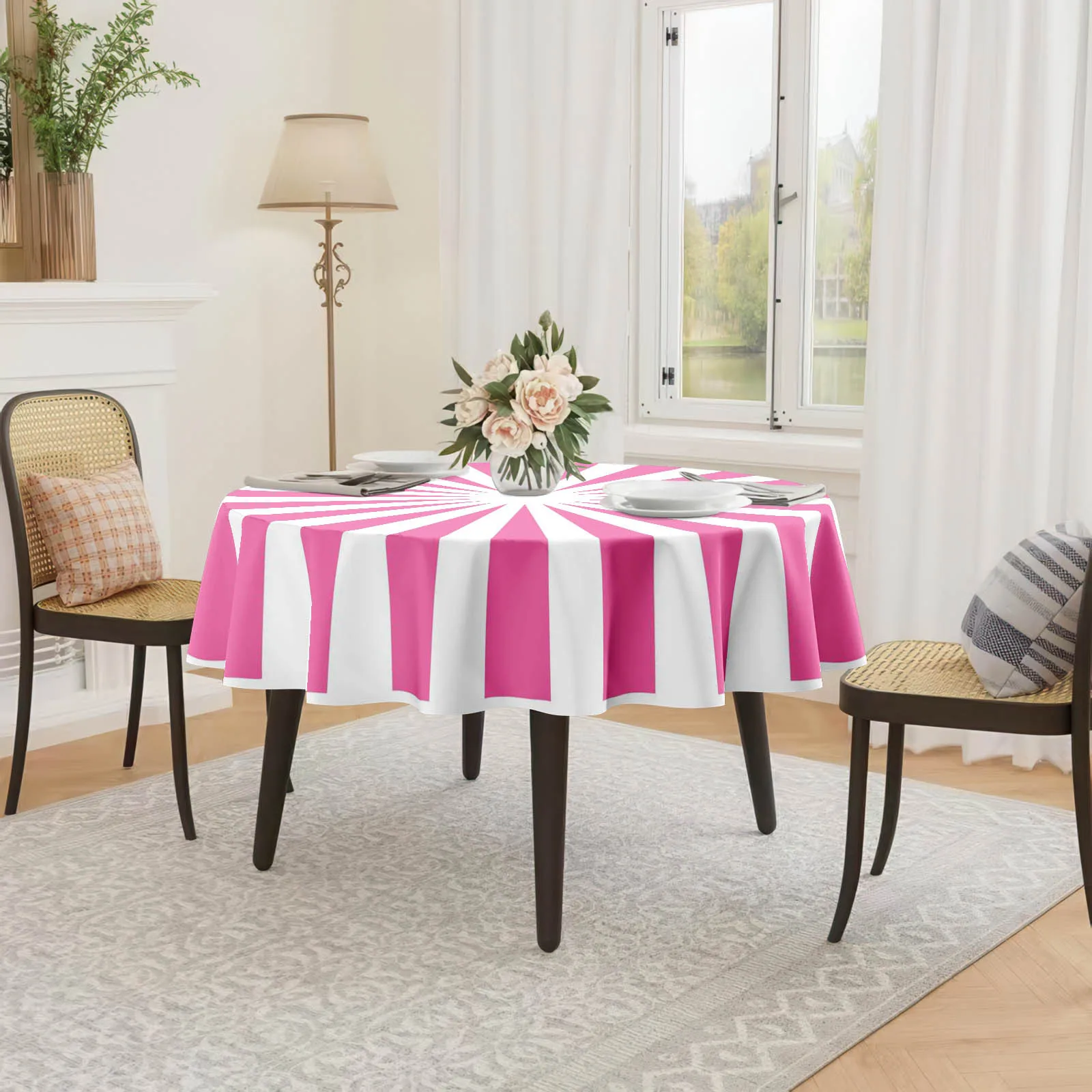 1pc White and Pink Element 【2D Flat Printing】 Printed Tablecloth, Giftzyc