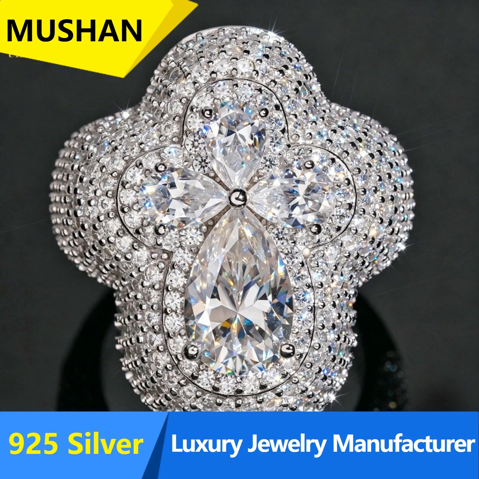 MUSHAN Luxury  Fashion New American Men's and Women's Hip Hop Flower Shape Cross Ring S925 Silver Set VVS Moissanite