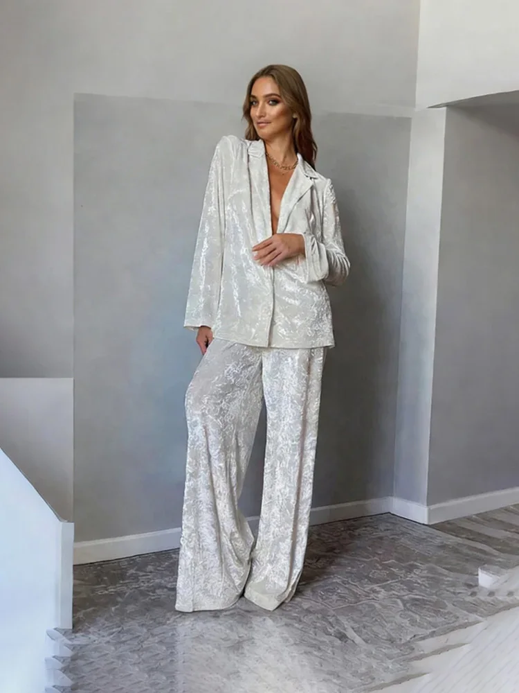 

Tossy Casual Shiny 2 Piece-Set Trousers Sets Women Lapel Solid Loose Long Sleeve High Waist Wide-Leg Pants Sets Female Outfits