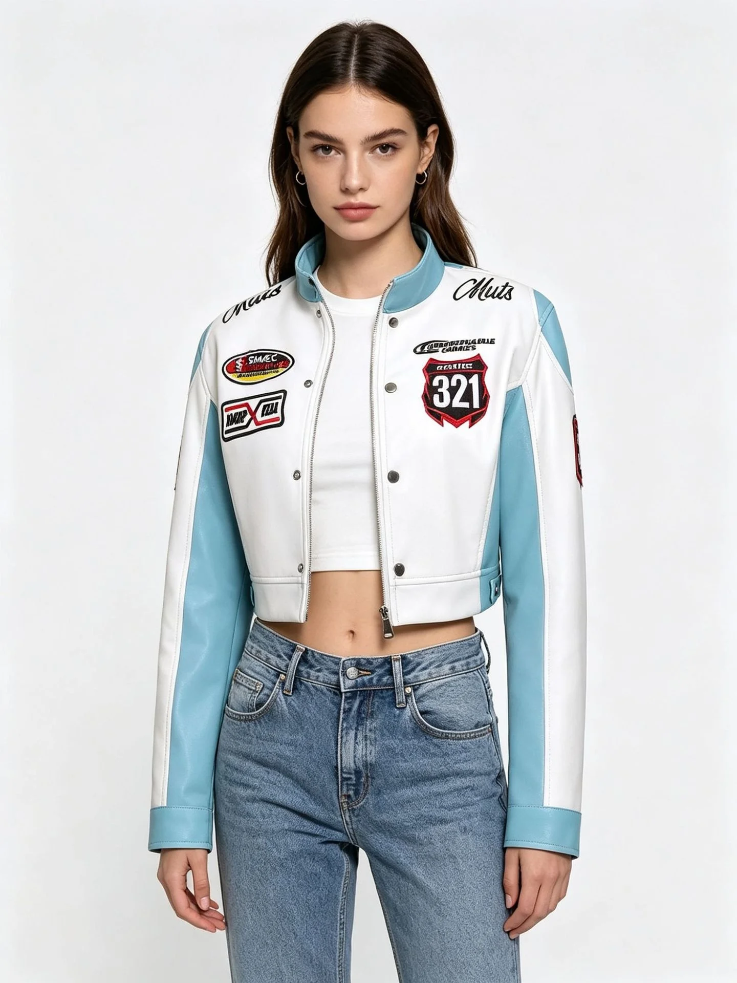 

Women's White PU Leather Embroidered Motorcycle Suit Trendy Leather Jacket Cool Handsome Jazz Dance Motorcycle Coat