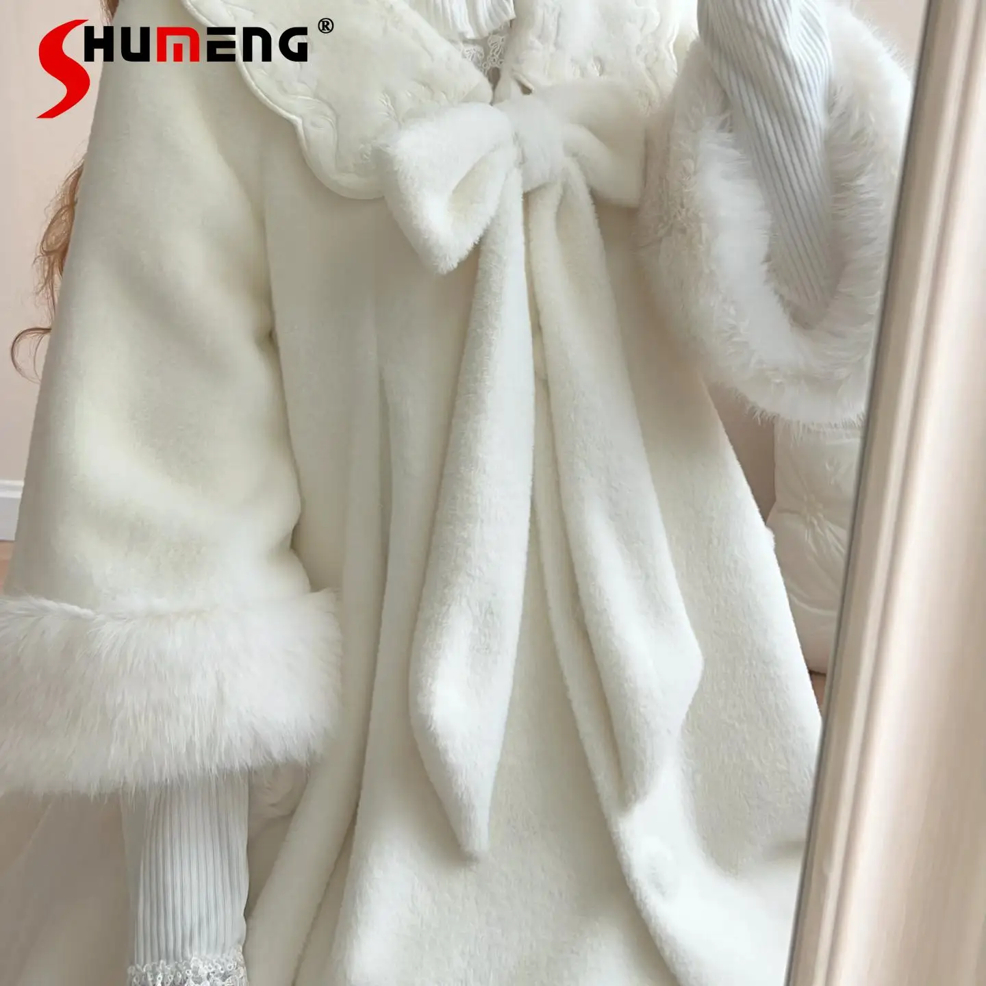 

Elegant Commuter Bow Lolita Coat Cute Sweet Fluffy Long Sleeve Single-Breasted Versatile Casual Lolita Long Jacket Winter Women