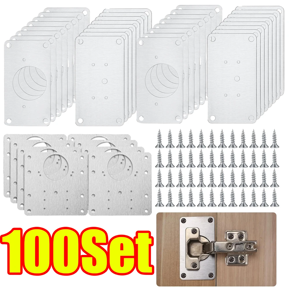 2-100Set Cabinet Hinge Repair Kit Cabinet Hinge Repair Plate Stainless Steel Door Hinge Repair Kit Tools with Fixing Screws