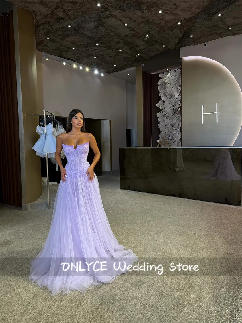 Sukienki wieczorowe z tiulu, zdobione koralikami, fioletowe, w kształcie litery A, formalne sukienki na przyjęcie, plisowane, bufiaste, vestidos de gala