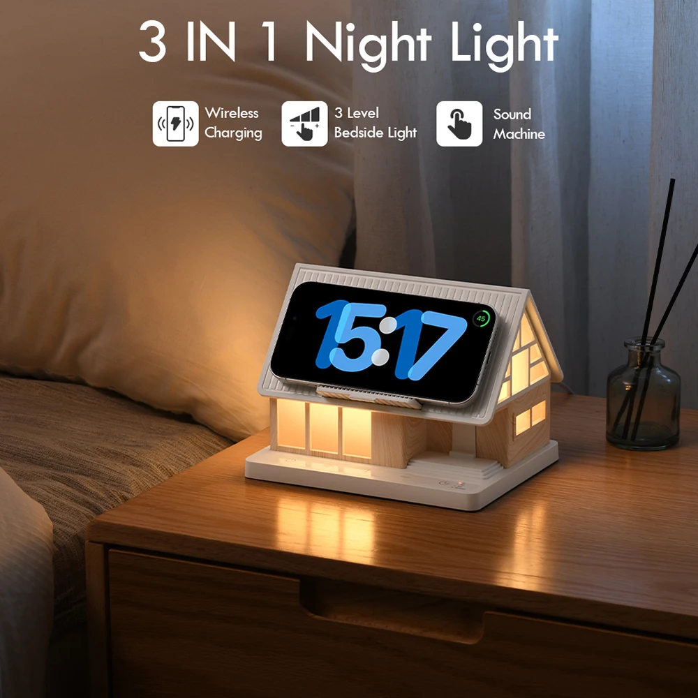 WILIT Bedside Touch Lamp Wireless Charging Night Light Clock with 10 Natural Sounds White Noise 15W Atmosphere Lamp Wooden House