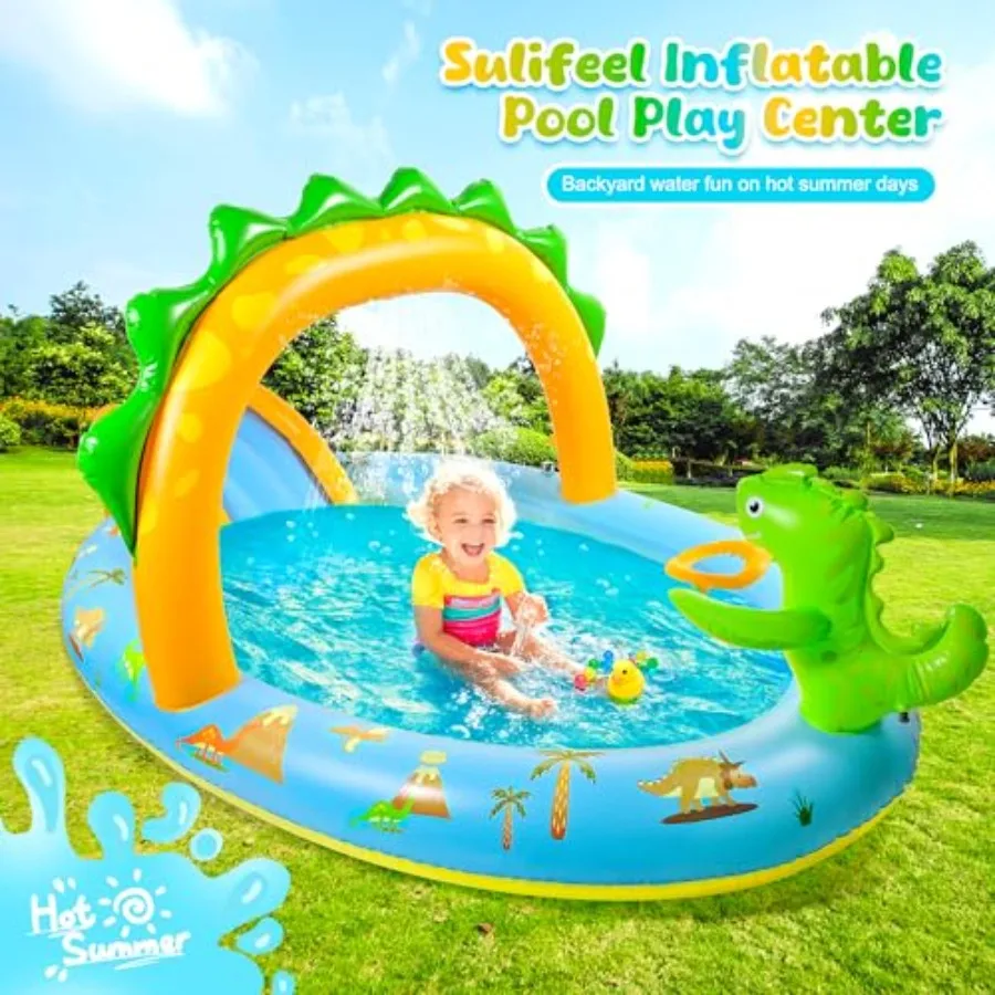 Backyard inflatable play center for kids: PVC, blue, includes slide and sprinkler, 96''x59''x39'' kiddie pool for garden use