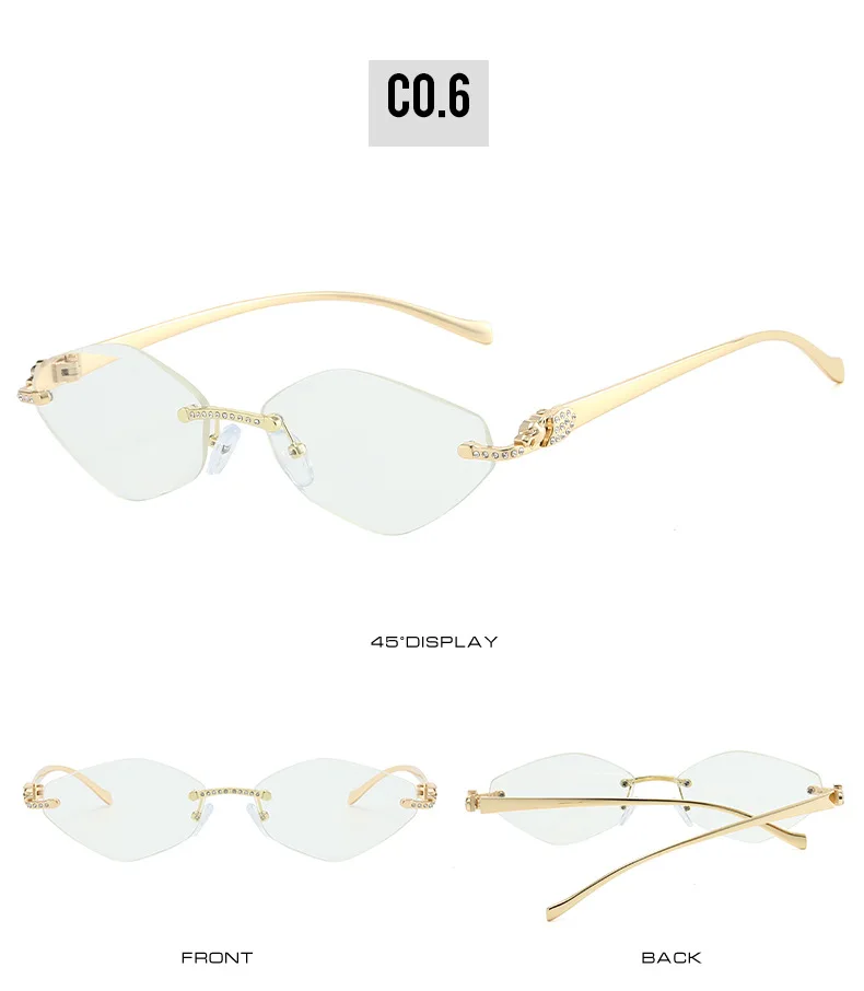 Neue Ins-Famous randlose Cat-Eye-Sonnenbrille – dünner Goldmetallrahmen mit Strasssteinen, UV-Schutz, trendige Farbtöne – Detail 12