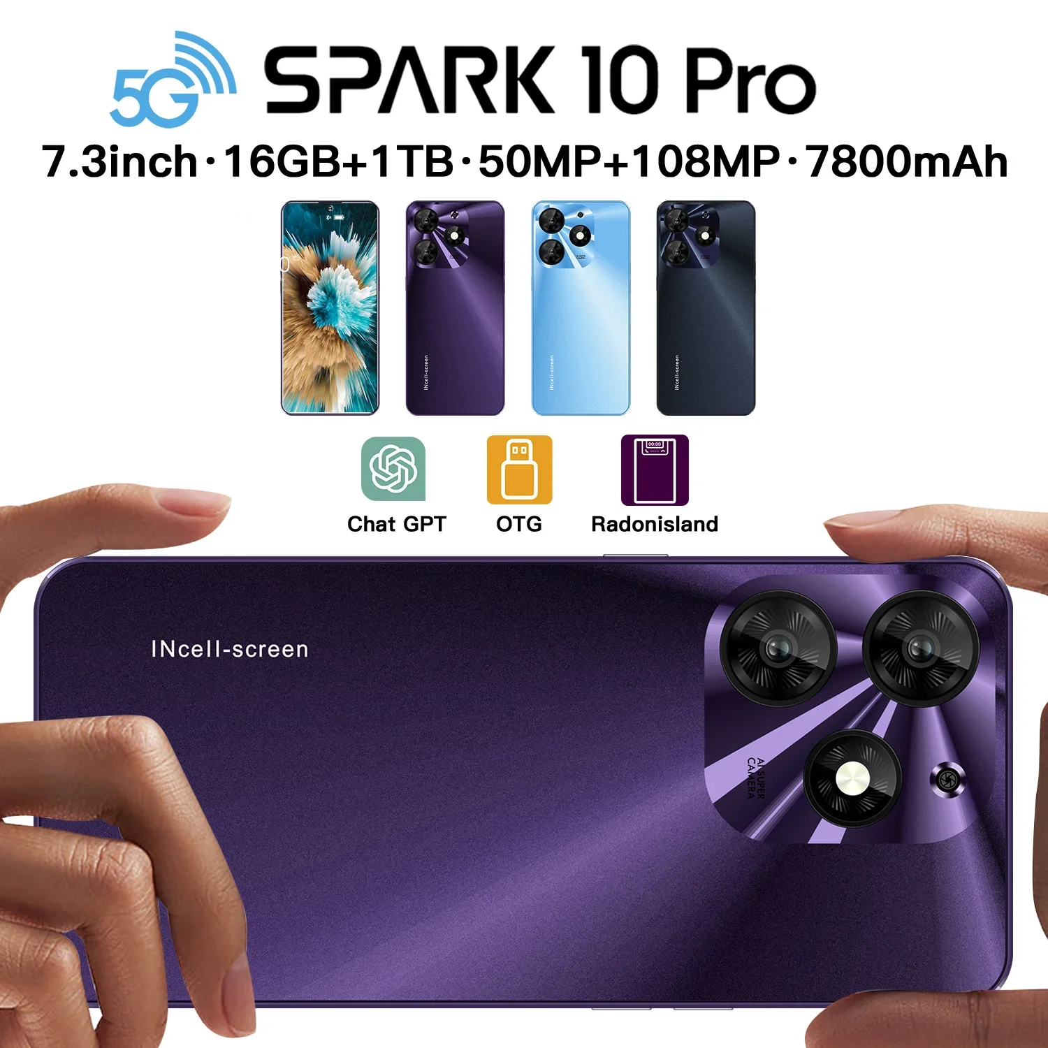 

New Smartphone 5G Spark 10 Pro 7.3-inch Android Dimensity 9200+ Cellphones 10core Dual SIM Phone 7800mAh Unlocking Mobile Phones