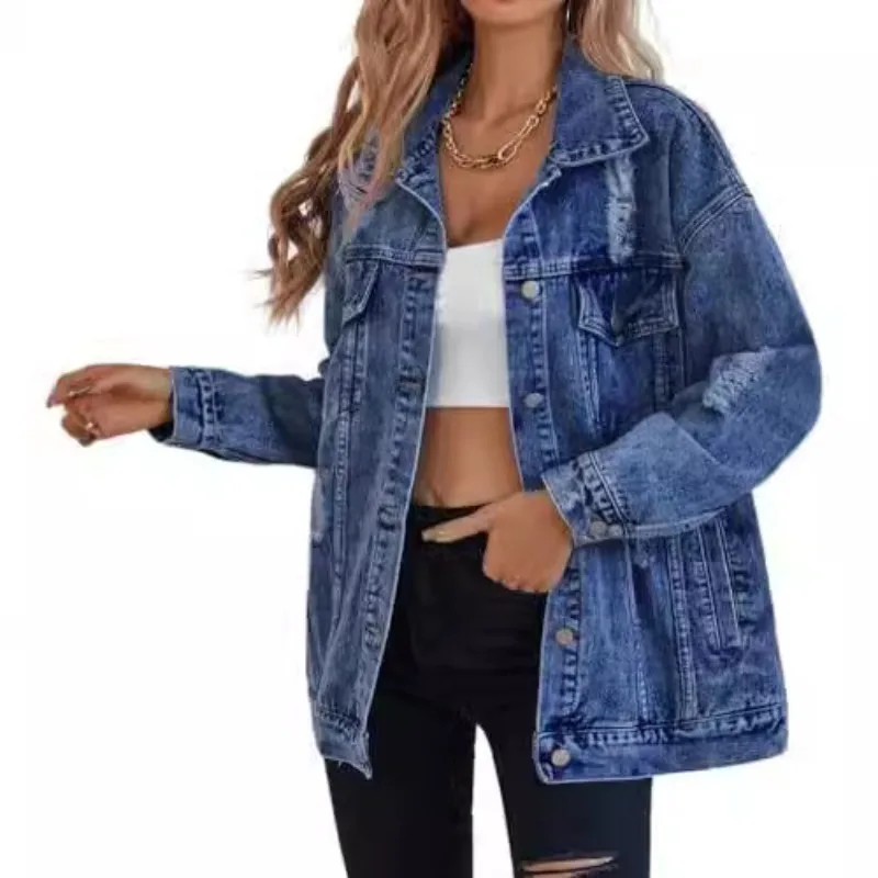 

Euramerican Hole Design Harajuku Style Workwear Trendy Fall Winter Outerwear Casual Loose Fit CoatPremium Women's Denim Jacket