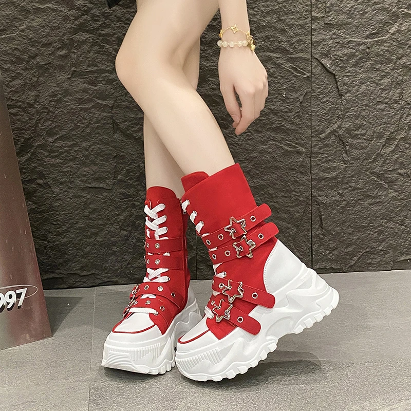 White Trendy Boots Women High Top Sneakers Platform Zip Ankle Boots Femme Chaussures Femmes Height Increase Outdoor Sports Shoes