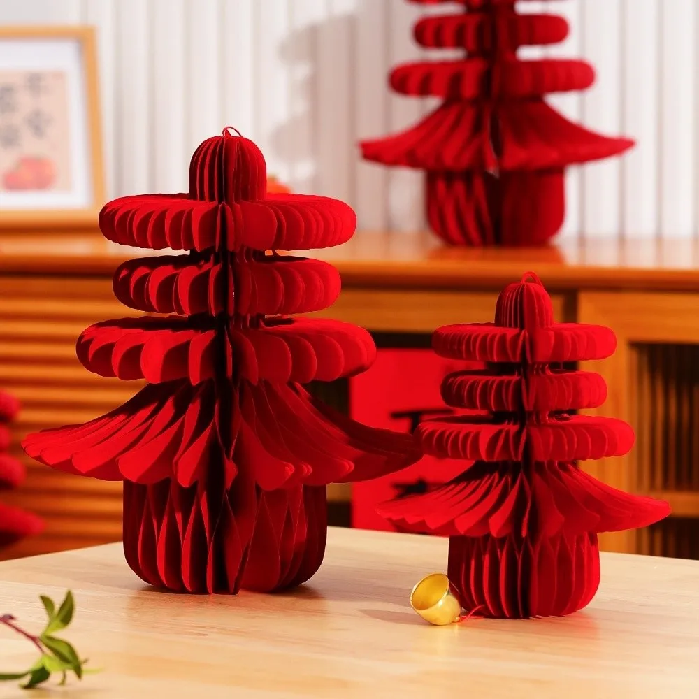 Red Honeycomb New Year Decorations Paper Hanging Style Christmas Tree Ornament with Tassel Paper Honeycomb Lantern New Year Eve