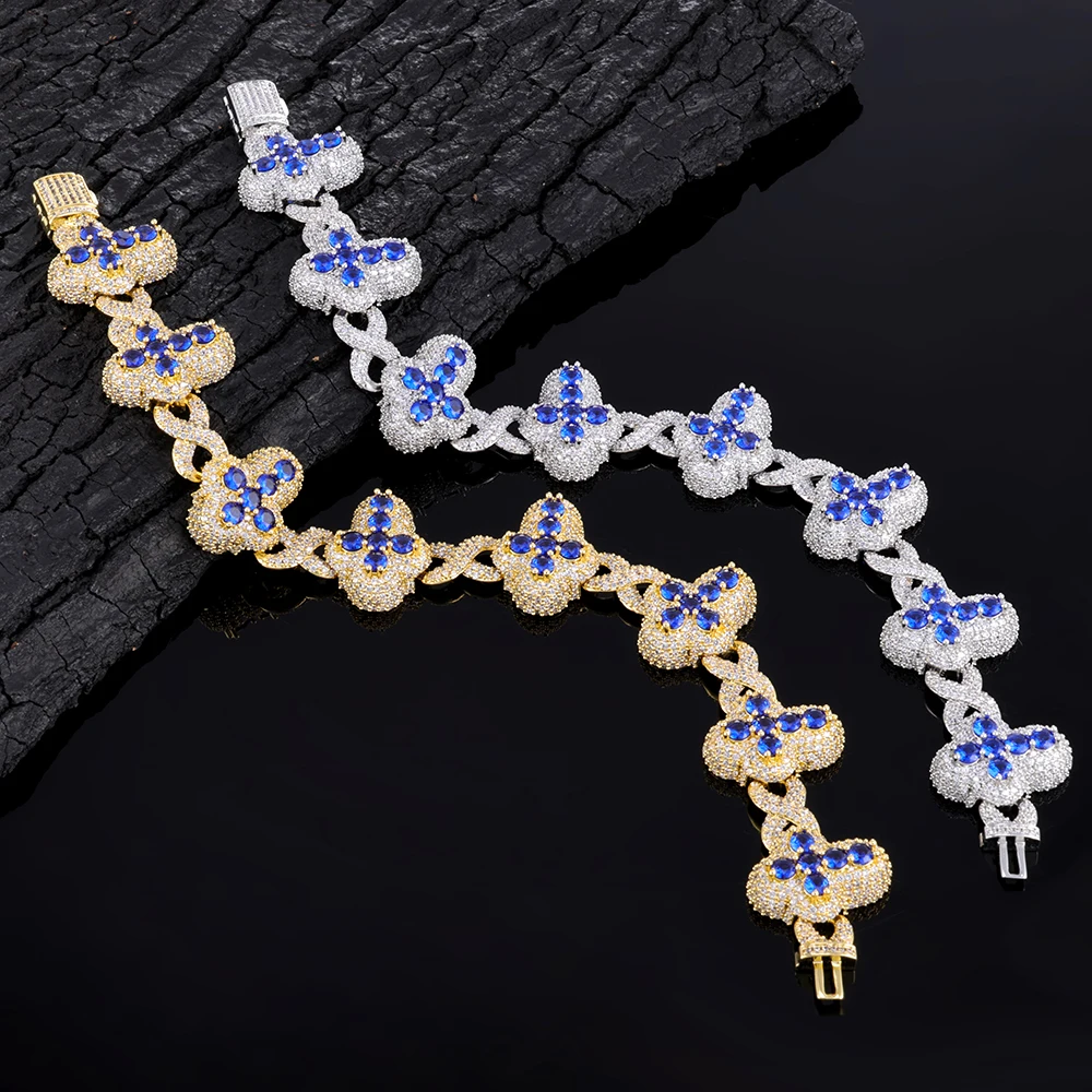 NY Hip Hop Style Customized Blue and White Zircon Cuban Chain 20mm Wide Cross Iced Cube Zirconia Fashion Jewelry Gift Bracelet