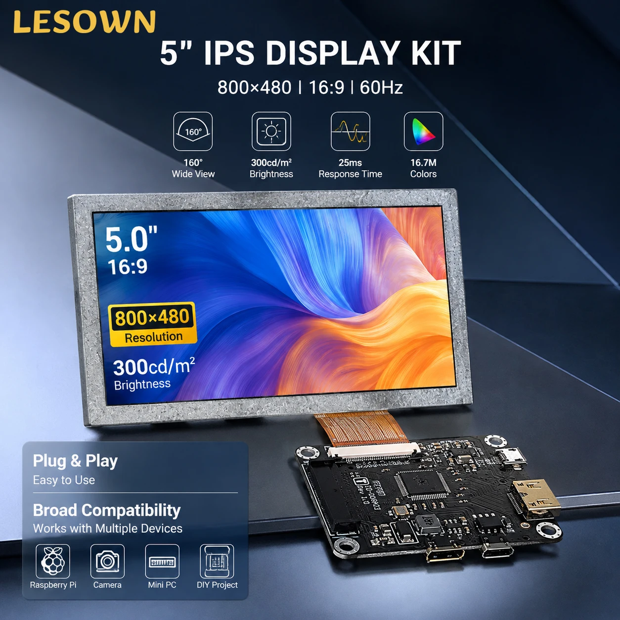 LESOWN 5、7 Inch Touch LCD Module 800x480 5 Point Capacitive HDTV USB 5V Screen for Raspberry Pi HMI Embedded DIY Display Panel