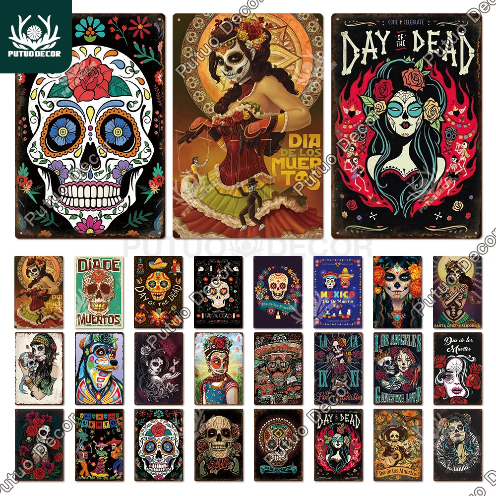 Putuo Dekor Tag der toten Zinn Zeichen Vintage Plakette Schädel Metall Poster Retro Skelett Hexe für Home Decoration Wand dekoration Geschenk