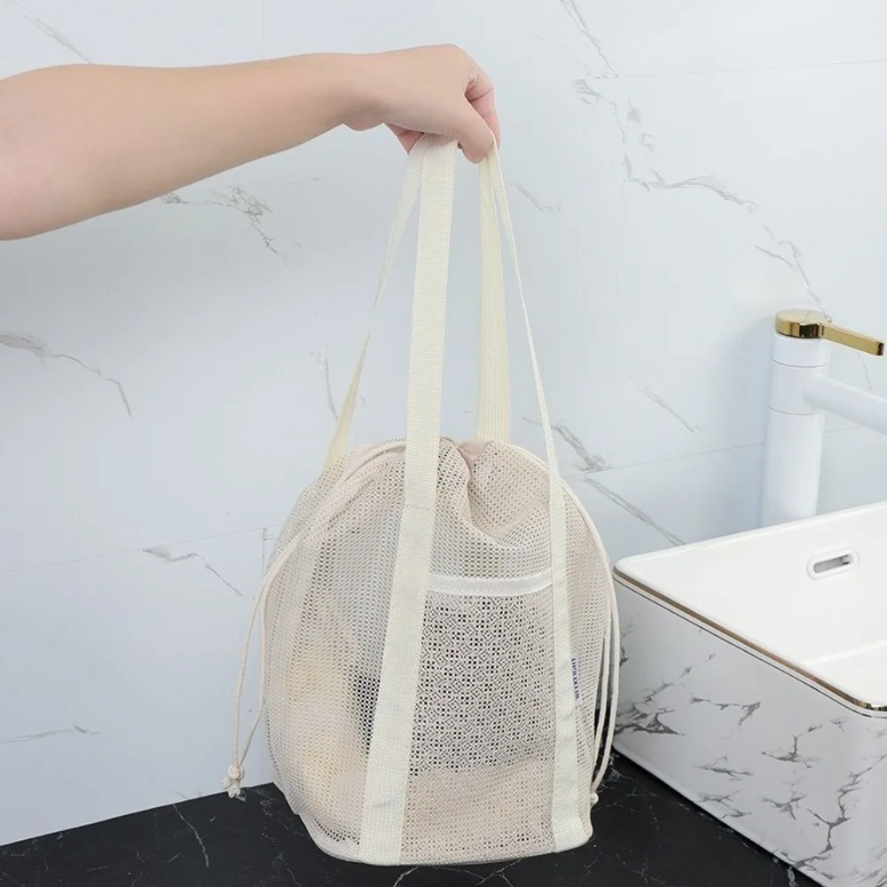 Portable Mesh Drawstring Wash Bag Handbag Large Capacity Beach Bag Foldable Travel Cosmetic Bag Organizer Swimming Storage Bag