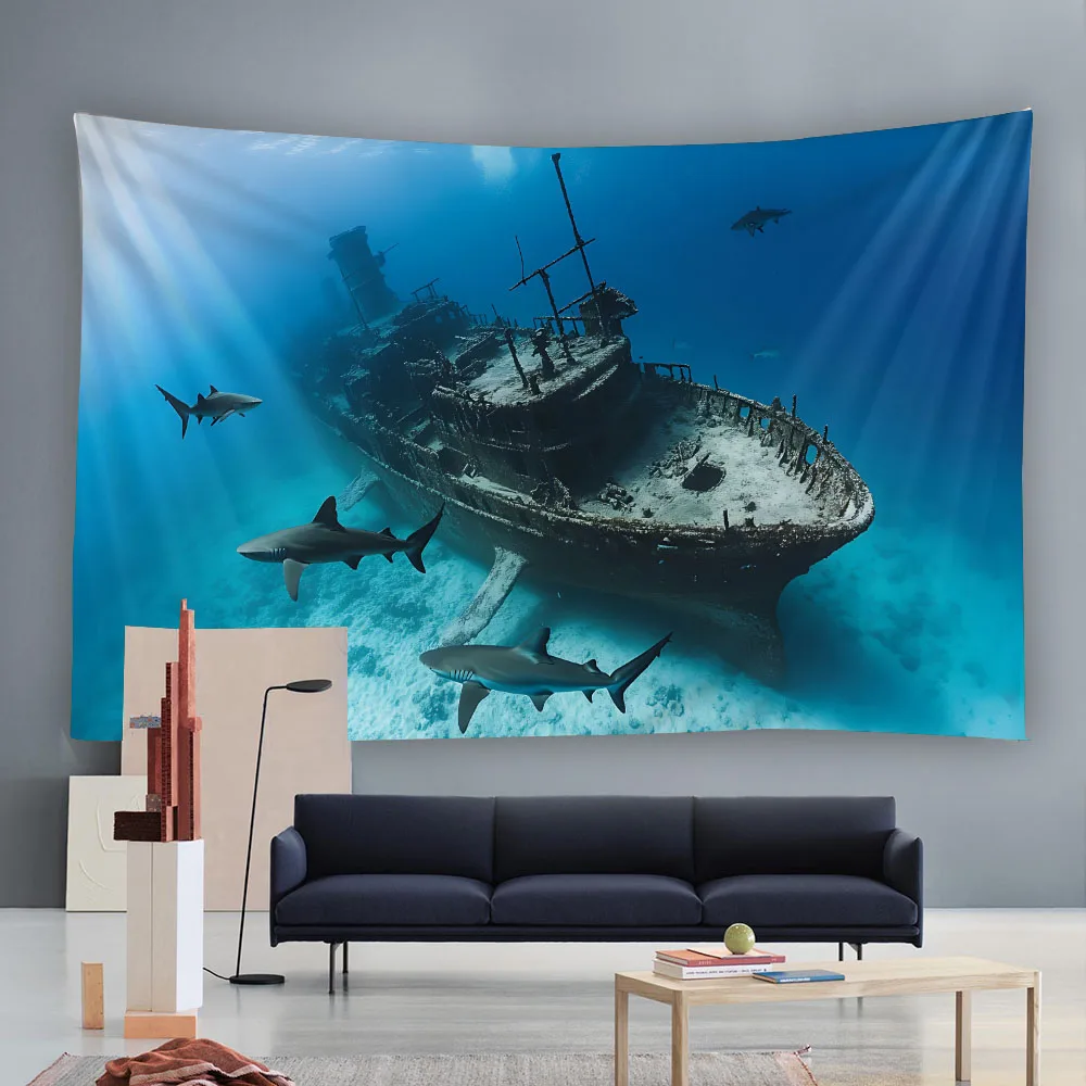Underwater Ancient Ship Tapestry with Shark Group Ocean Sunshine Polyester Wall Hanging for Living Room Sofa Decor